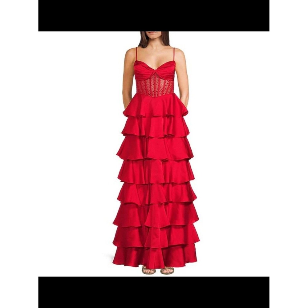 Satin Sweetheart Neck Corseted Bodice Tiered Long Dress NWT